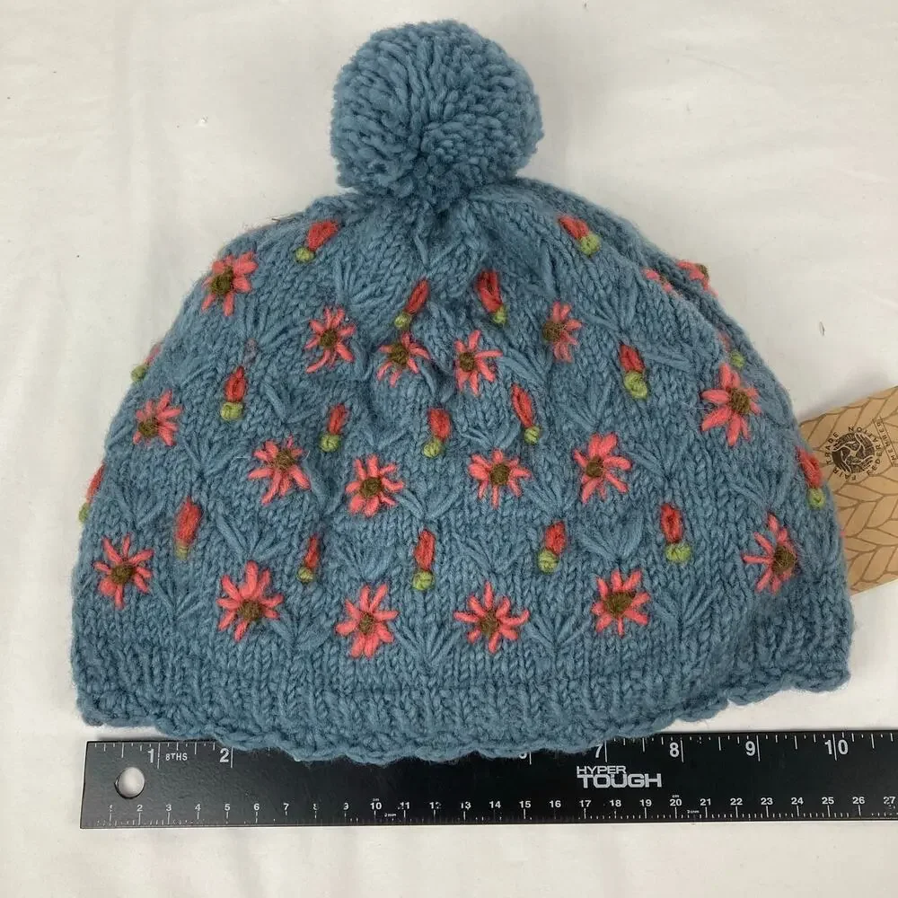 NWT Lost Horizons Anaya Wool Beanie Womens Blue Floral Embroidery Pom Nepal